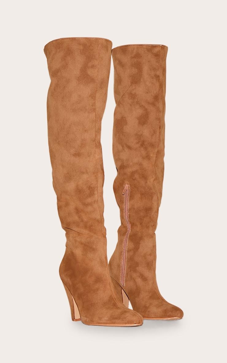 Camel Faux Suede Point Toe Over The Knee Heeled Boot Product Image