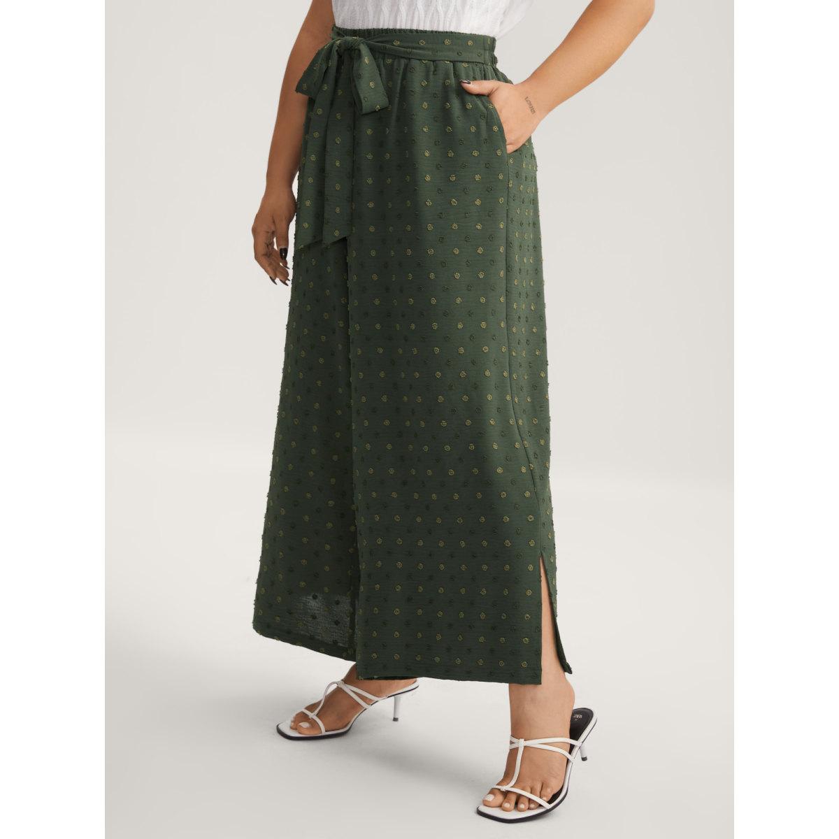 Plus Size Textured Dots Belted Slit Flowy Pants Women ArmyGreen Elegant Wide Leg Mid Rise Everyday-Elegant Pants BloomChic 14-16/1X Product Image