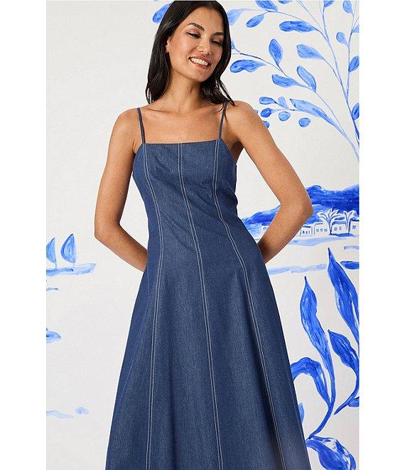 Maggy London Denim Square Neck Sleeveless A-Line Midi Dress Product Image