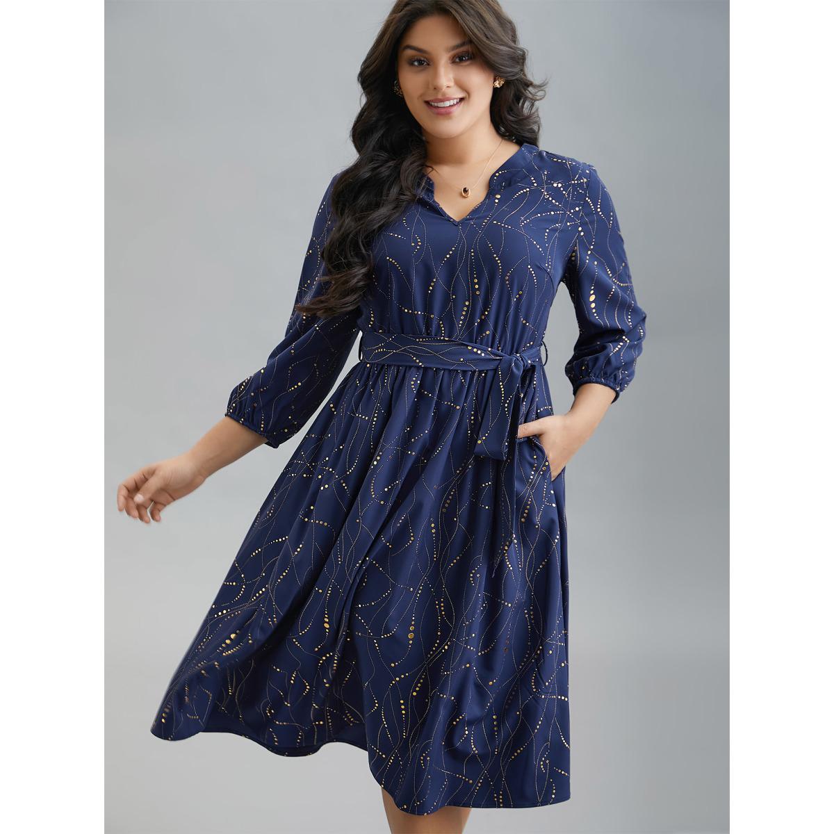 Plus Size Glitter Notched Collar Belted Midi Dress Indigo Women Elegant Texture Notched collar Elbow-length sleeve Curvy BloomChic 18-20/2X Product Image