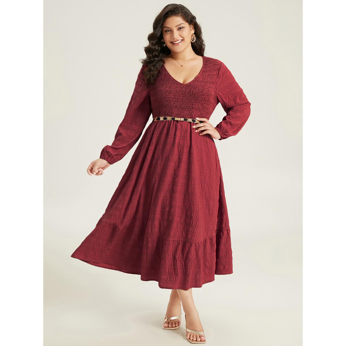Plus Size Solid Shirred Plisse Flutter Hem Dress Scarlet Women Elegant Elastic cuffs V-neck Long Sleeve Curvy Midi Dress BloomChic 14-16/1X Product Image
