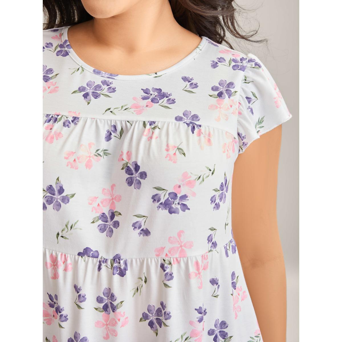 Plus Size Floral Print Flutter Sleeve Layered T-Shirt Multicolor Women Gathered Natural Flowers Round Neck Everyday-Elegant T-shirts BloomChic 10/M Product Image