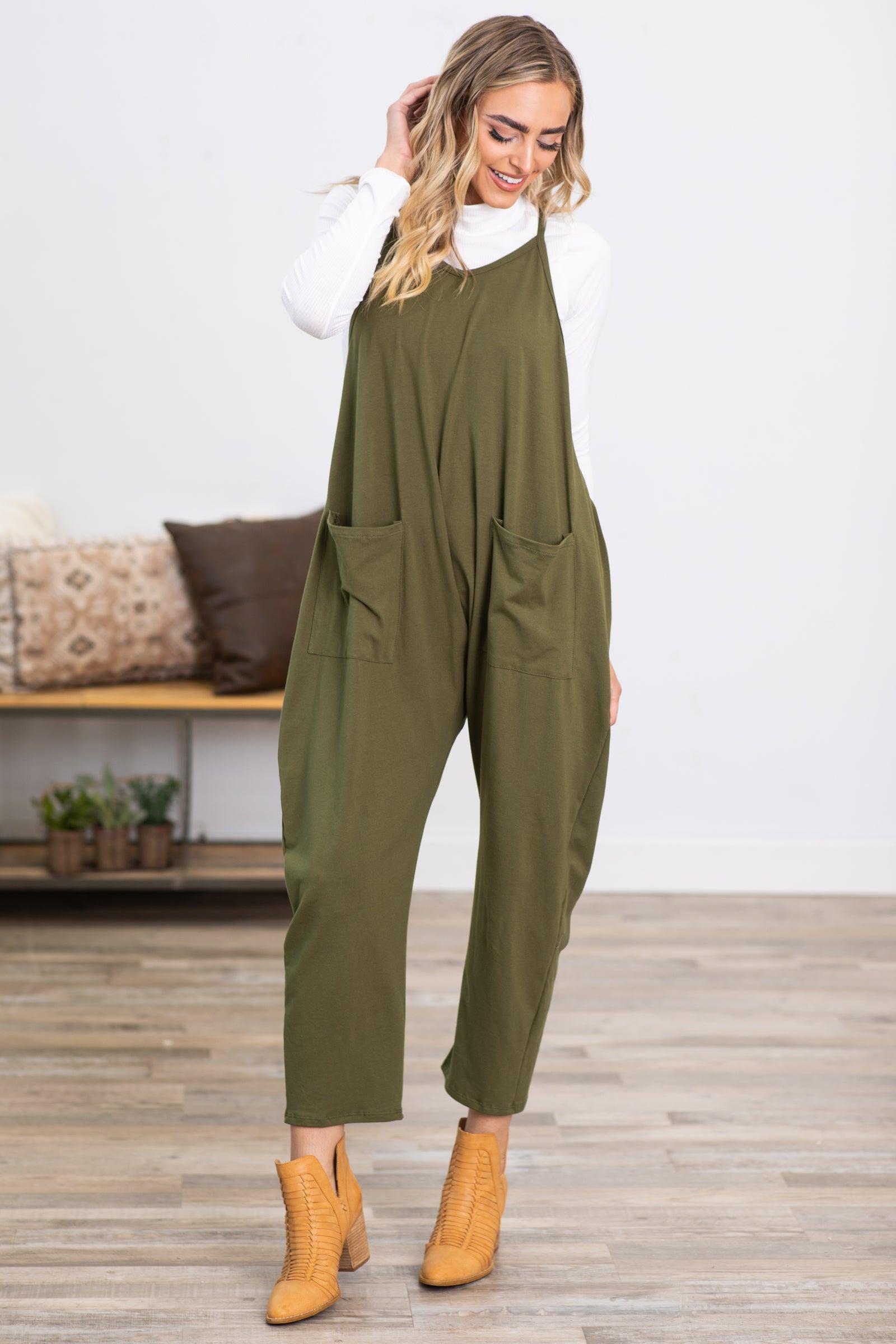 Olive Knit Jumpsuit With Pockets Product Image