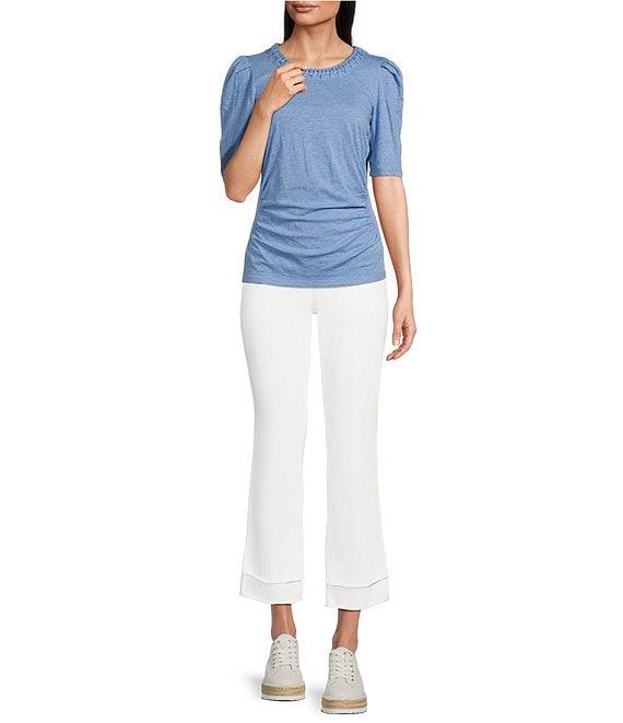 Democracy Knit Soutache Embroidered Scoop Neck Elbow Sleeve Side Ruched Top Product Image