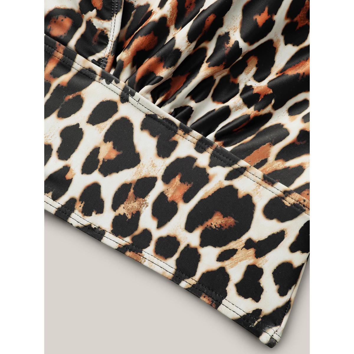 Plus Size Leopard Print Surplice Neck Swim Top Women's Swimwear Leopard Beach High stretch Skinny V-neck Curve Swim Tops BloomChic 28/5X Product Image