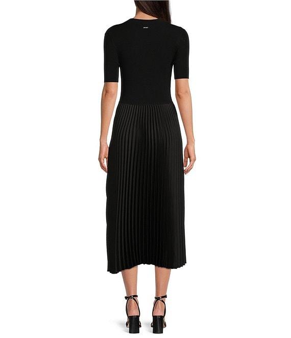 BOSS by HUGO BOSS Fadrid Mixed Media Knit And Woven Round Neck Short Sleeve Pleated Midi Dress Product Image