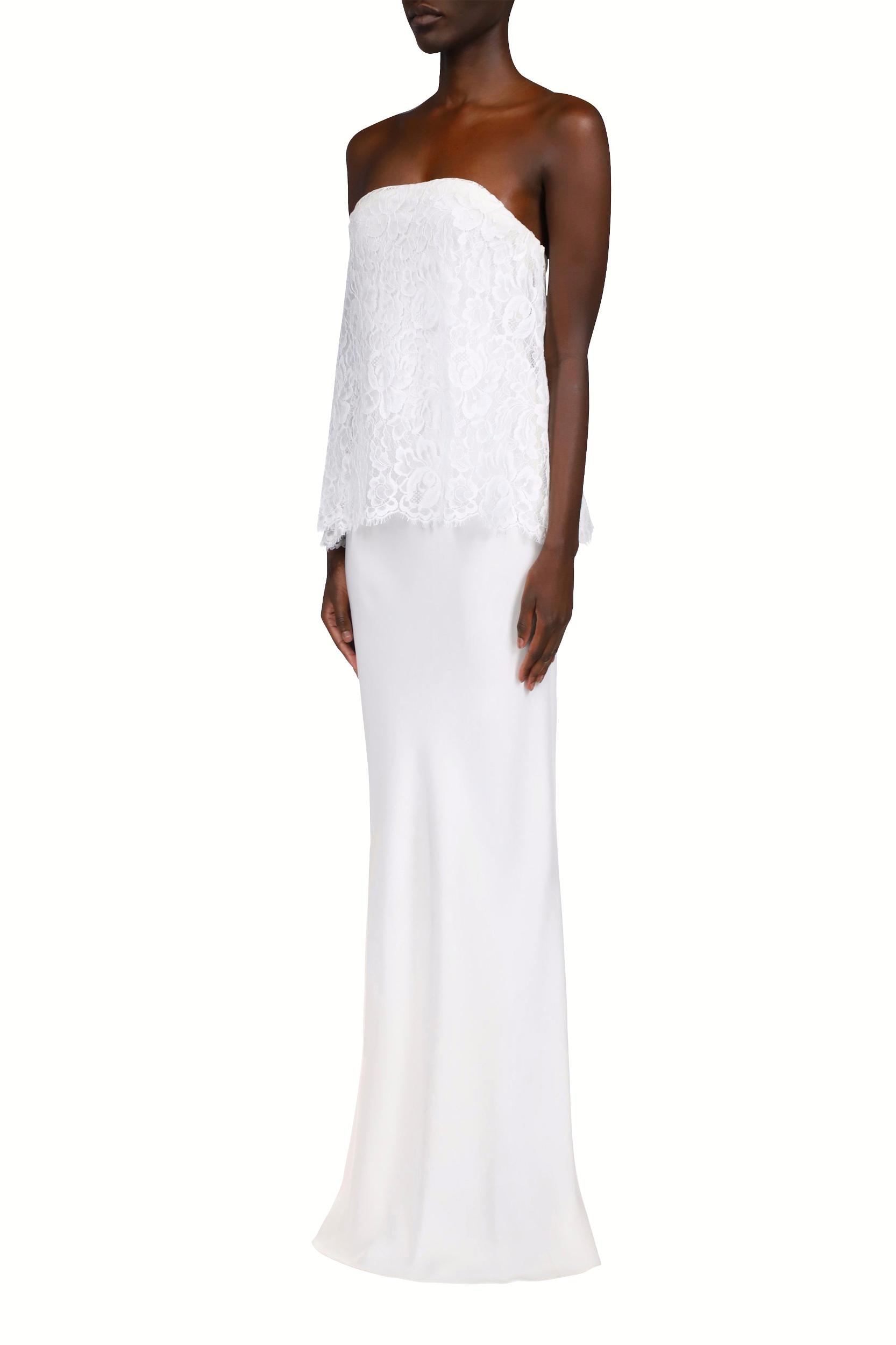 White Silk Crepe Strapless Bias Gown With White Lace Overlay Product Image
