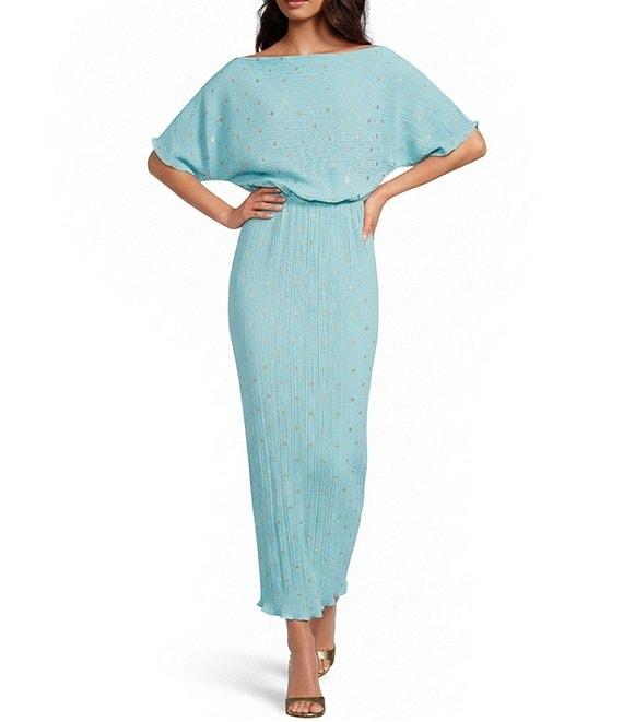 Never Fully Dressed Tilly Plisse Silver Fleck Print One Shoulder Neck Short Sleeve Midi Dress Product Image