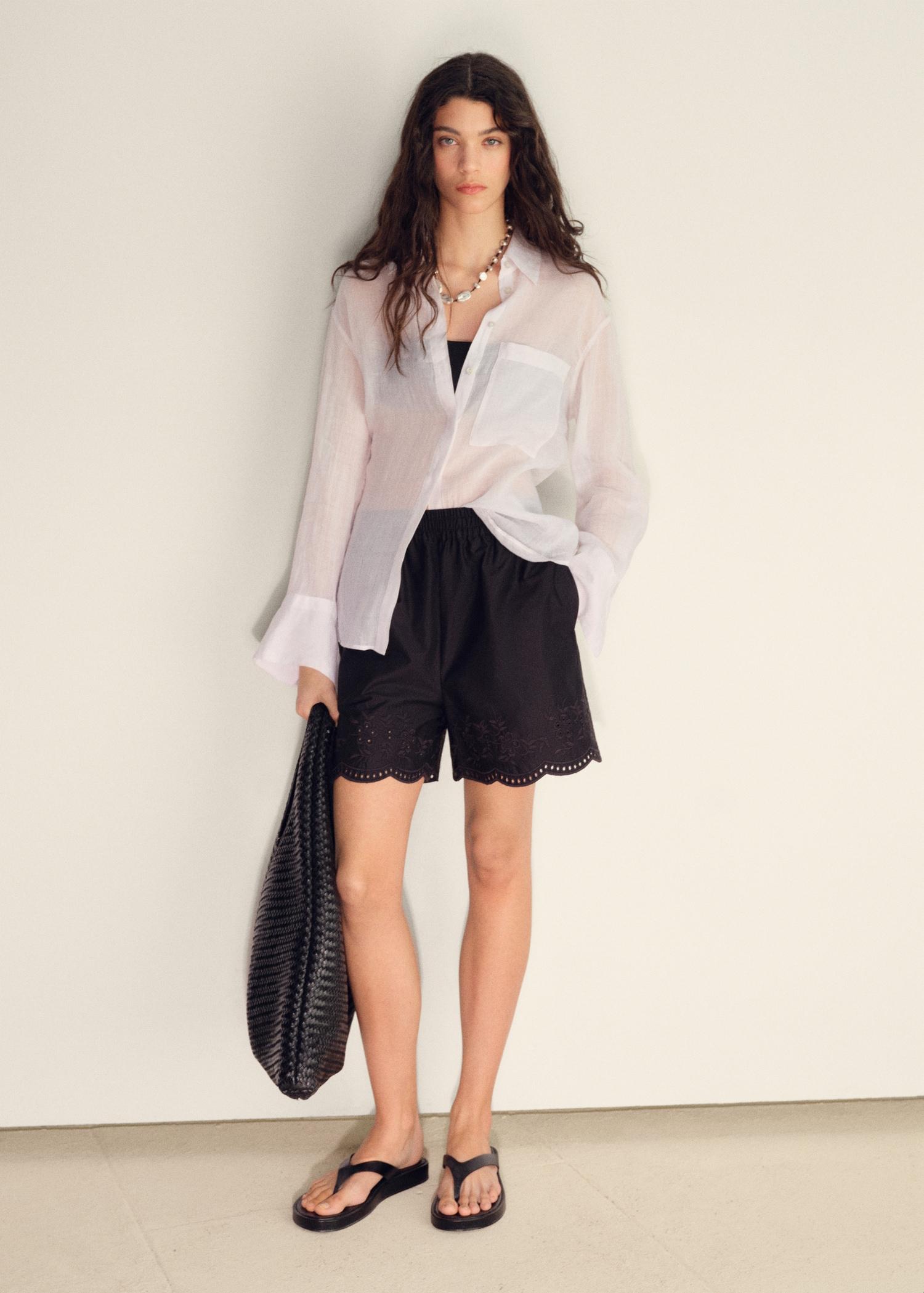 Satin shorts with embroidered hem - Women | MANGO USA Product Image