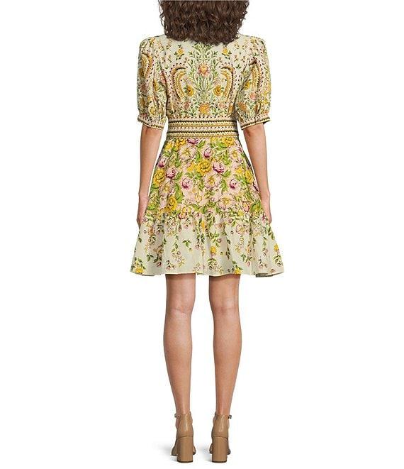 A Loves A Floral Woven Linen Round Neck Short Bubble Sleeve Button Front Tie At Waist A-Line Flounce Mini Dress Product Image