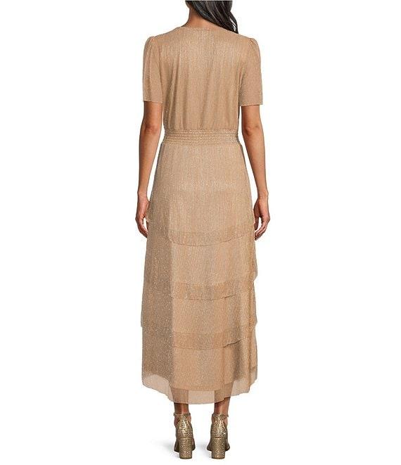 Le Bos Surplice Neck Short Sleeve Tiered Metallic Dress Product Image