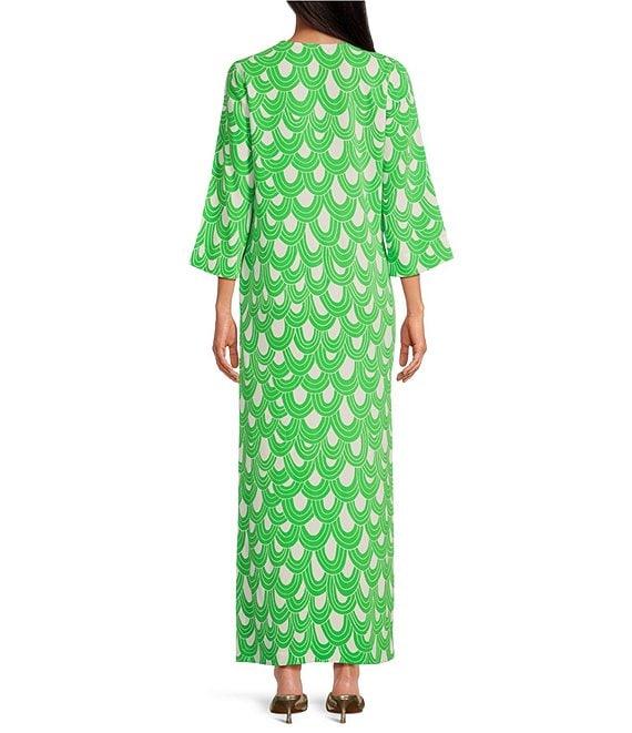 Trina Turk Catamaran Drape Print Lace-Up V-Neck 3/4 Sleeve Maxi Dress Product Image