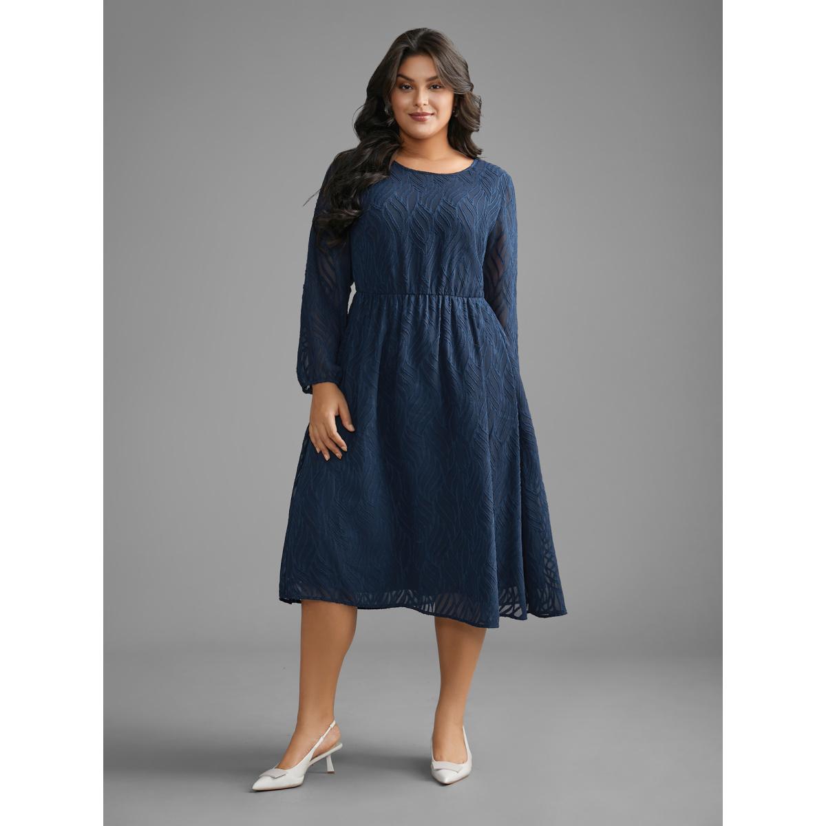 Plus Size Textured Chiffon Lantern Sleeve Midi Dress DarkBlue Women At the Office Texture Round Neck Long Sleeve Curvy BloomChic 30/6X Product Image