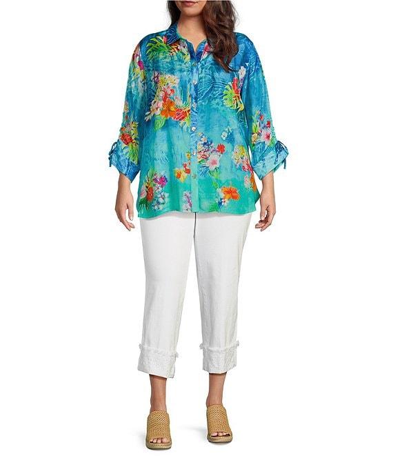 John Mark Plus Size Tropical Floral Print Point Collar Elbow Cinched Tie Sleeve Button Front Tunic Product Image