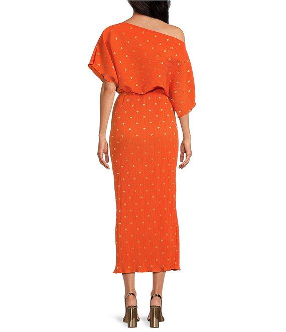 Never Fully Dressed Tilly Plisse Gold Fleck Print One Shoulder Neck Short Sleeve Maxi Dress Product Image