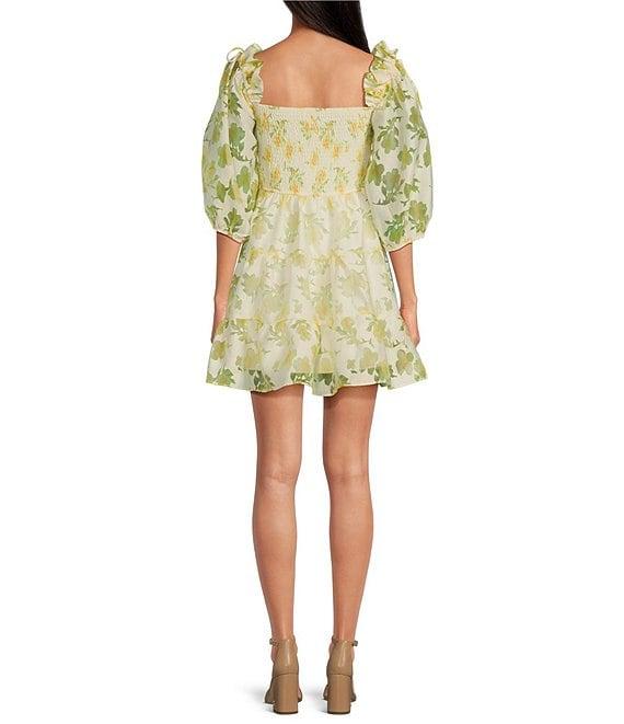 Layered With Love Beau Floral Burnout Jacquard Square Neck 3/4 Sleeve A-Line Mini Dress Product Image