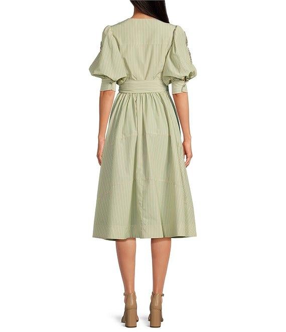 A Loves A Woven Pinstripe Rhinestone Embellished 3/4 Bubble Sleeve Surplice V-Neck Flounce Wrap Midi Dress Product Image