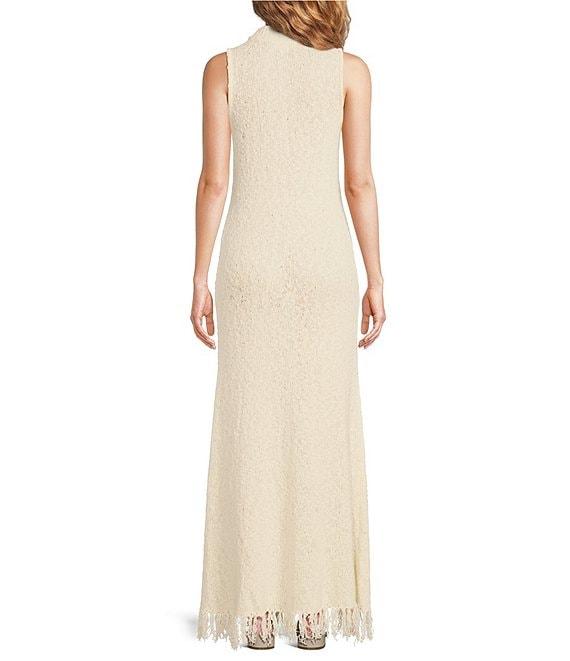 Le' AL.X Boucle Sweater Knit Mock Neck Sleeveless Shift Fringe Hem Maxi Dress Product Image