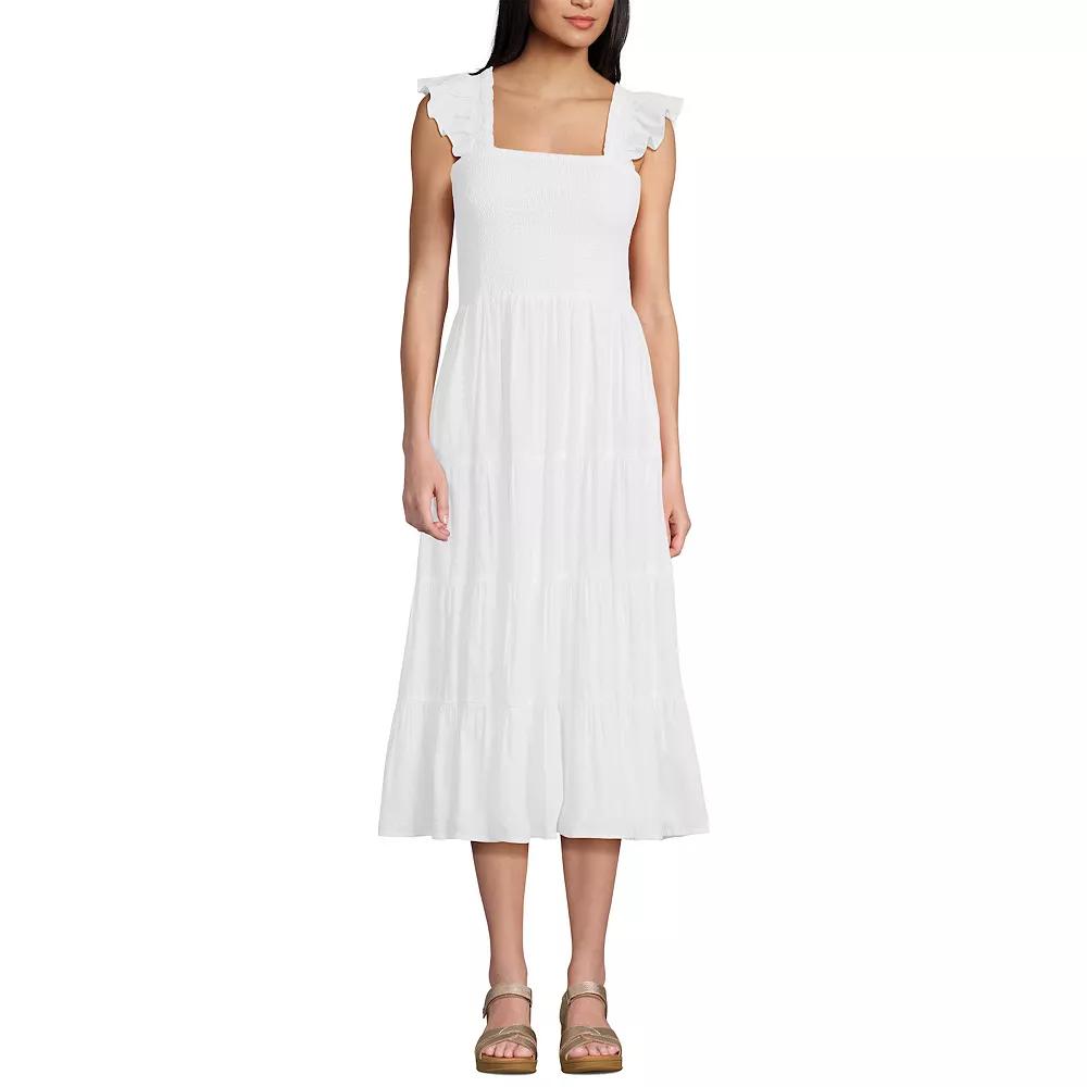 Women's Lands' End Cotton Dobby Smocked Ruffle Shoulder Midi Dress,  Product Image