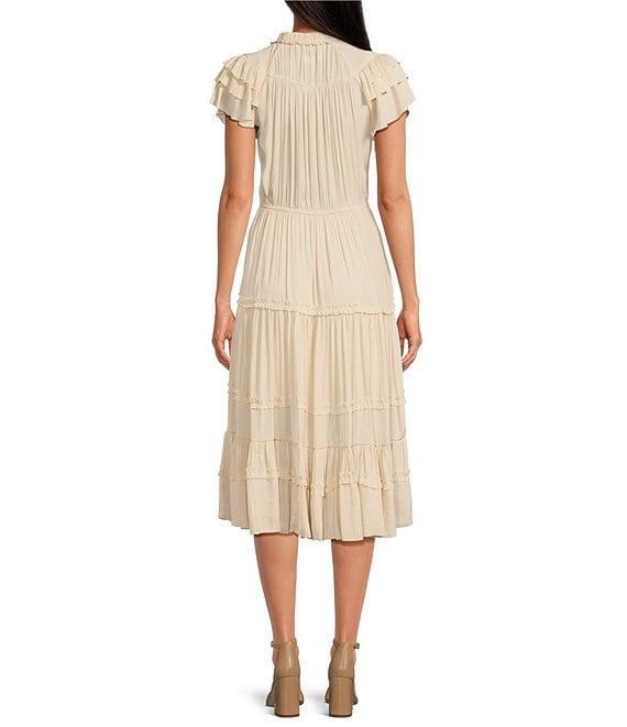 Sam Edelman Split Tie Crew Neck Short Ruffle Sleeve Tiered Midi Dress Product Image
