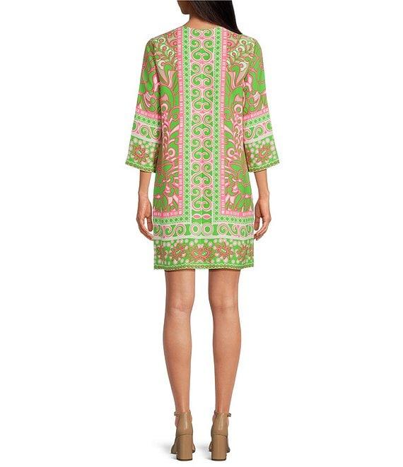 Trina Turk Botanical Placement Print Split V-Neck 3/4 Sleeve Zip Front Dress Product Image
