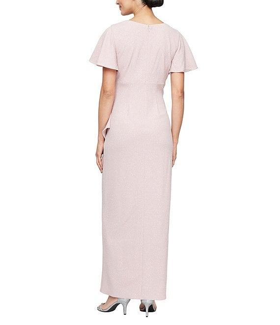 Ignite Evenings Short Flutter Sleeve V-Neck Glitter Knit Empire Embellished Waist Faux Wrap Maxi Dress Product Image