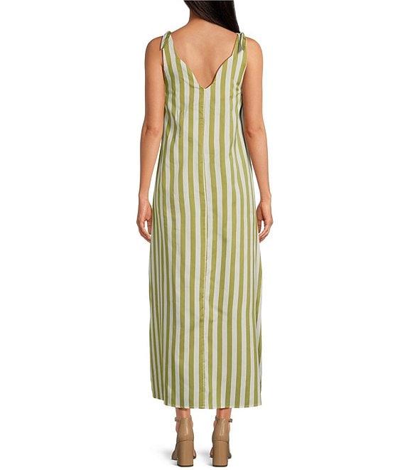 Buru Tie Shoulder Strap Stripe Print Scalloped V-Neck Maxi Dress Product Image