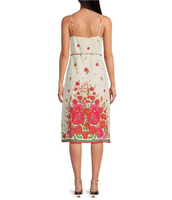 Skies Are Blue Floral Border Print V-Neck Button Front Front Sleeveless Midi Dress Product Image