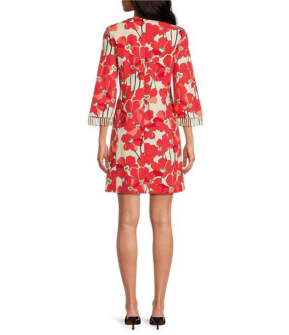 Tara Jarmon Rivanne Floral Print Round Neck Elbow Sleeve Beaded Fringe Dress Product Image