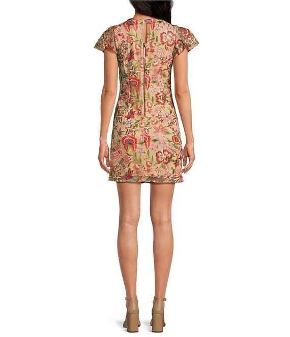 Sam Edelman Embroidered Floral Print Crew Neck Short Sleeve Sheath Mini Dress Product Image