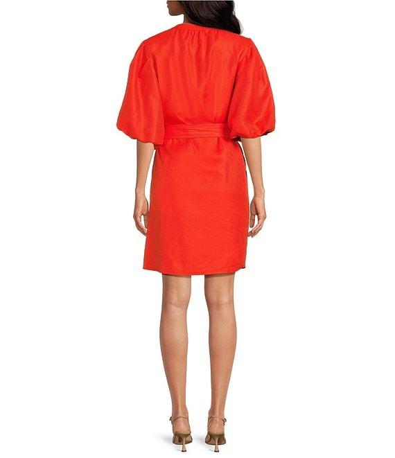 A Loves A Woven Ruched Crew Neck Short Bubble Sleeve Button Front Tie Waist Sheath Mini Dress Product Image