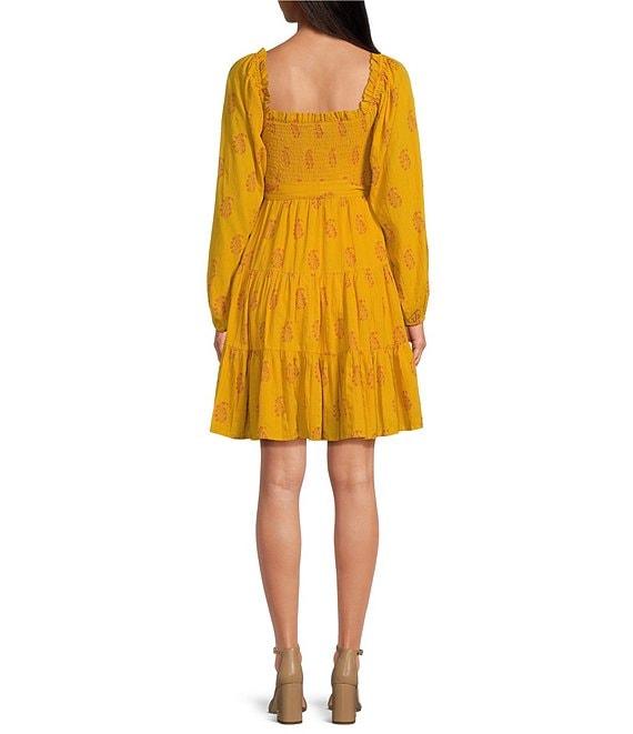 A Loves A Woven Metallic Floral Print Ruffle Trim Square Neck Long Puff Sleeve Smocked Tie at Waist Tiered Flounce A-Line Dress Product Image