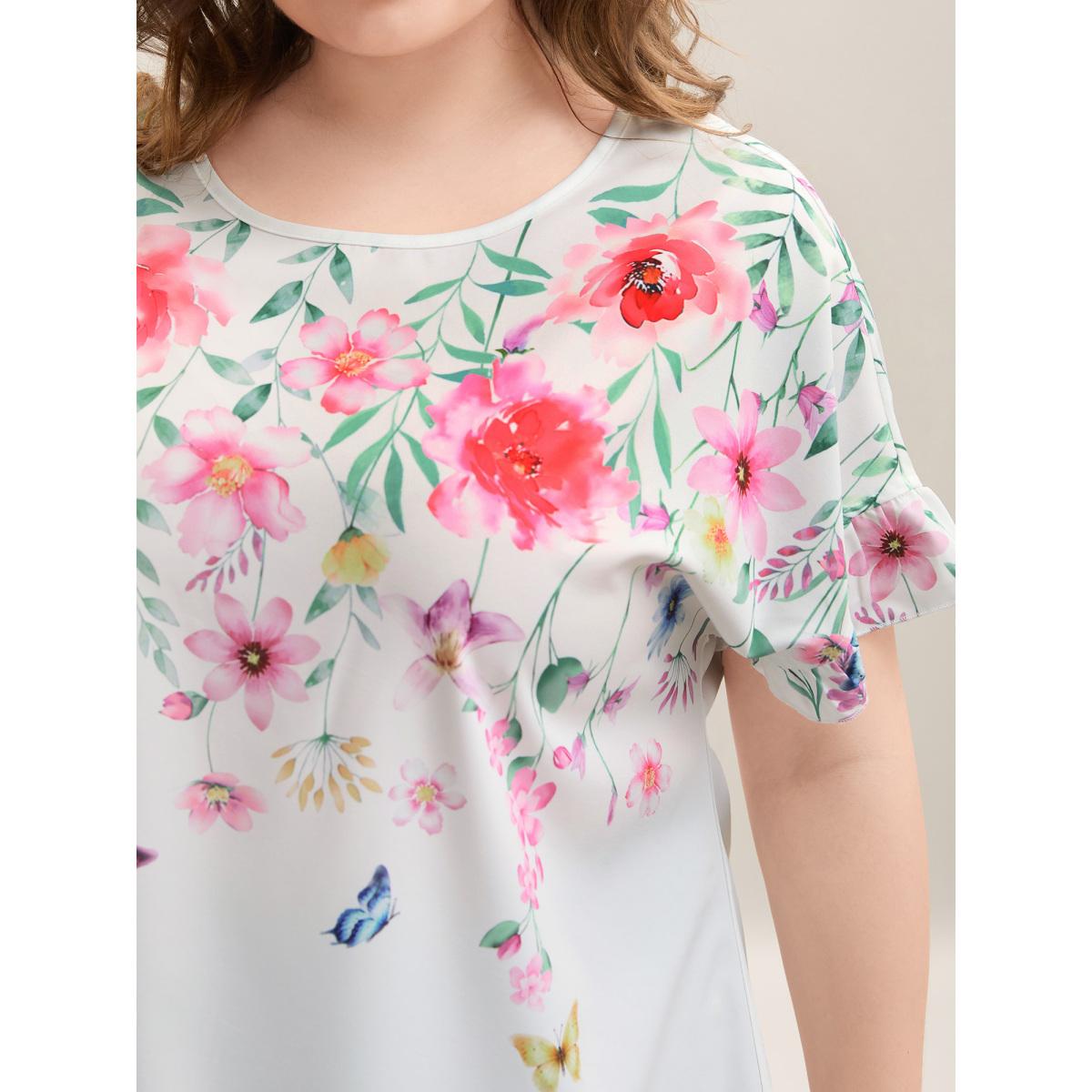 Plus Size Opticwhite Floral Bodice Round Neck Flared Blouse Women Elegant Short sleeve Round Neck Everyday-Elegant Blouses BloomChic 10/M Product Image