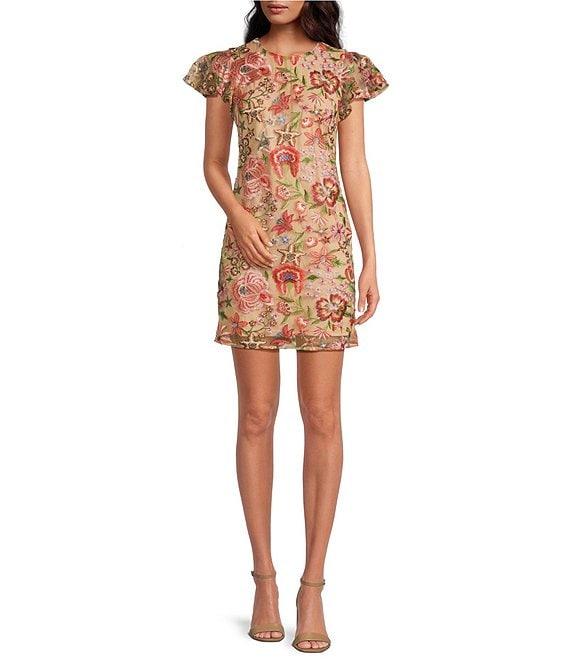 Sam Edelman Embroidered Floral Print Crew Neck Short Sleeve Sheath Mini Dress Product Image