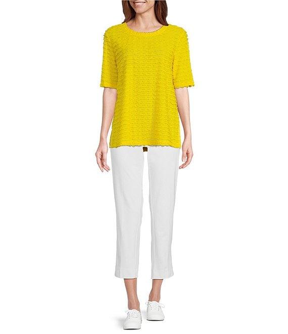 Multiples Petite Size Scoop Neck Elbow Sleeve Wave Knit Fitted Top Product Image