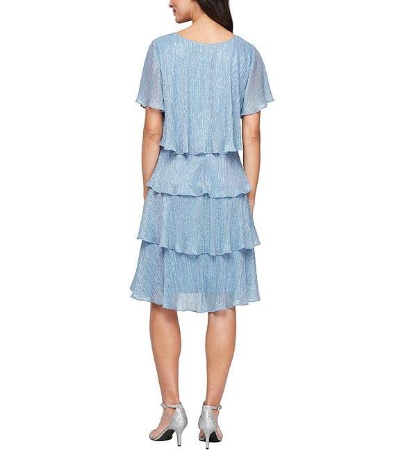 Ignite Evenings Shimmer Tiered Ruffle V-Neck Embellishment Short Flutter Sleeve Shift Dress Product Image