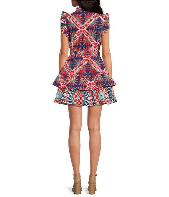 Ro's Garden Bimba Woven Printed Split Tie Neck Flutter Sleeve Tiered Mini Dress Product Image