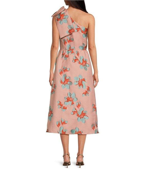 Abbey Glass Caroline Asymmetrical Neck Sleeveless Bow One Shoulder Bow Organza Jacquard Pocketed A-Line Dress Product Image