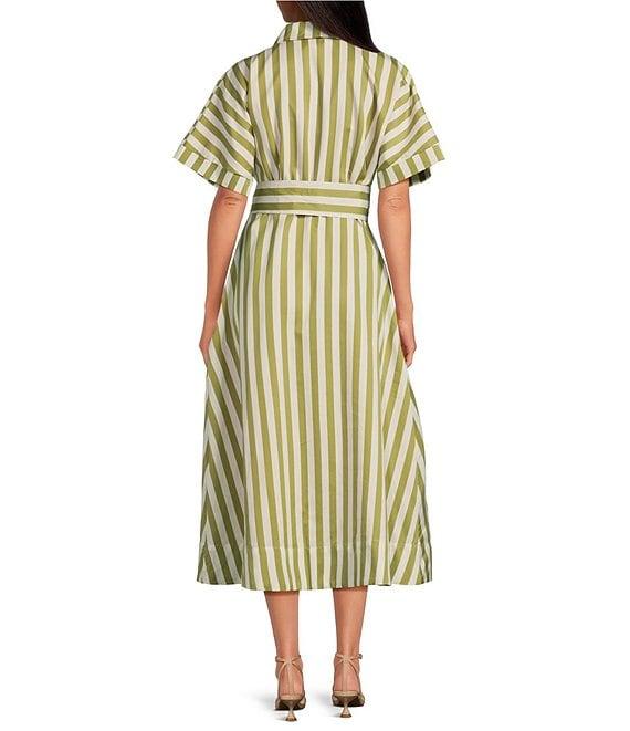 Buru Donna Day Short Sleeve Contrast Bow Detail Stripe Print Shirt Midi Dress Product Image