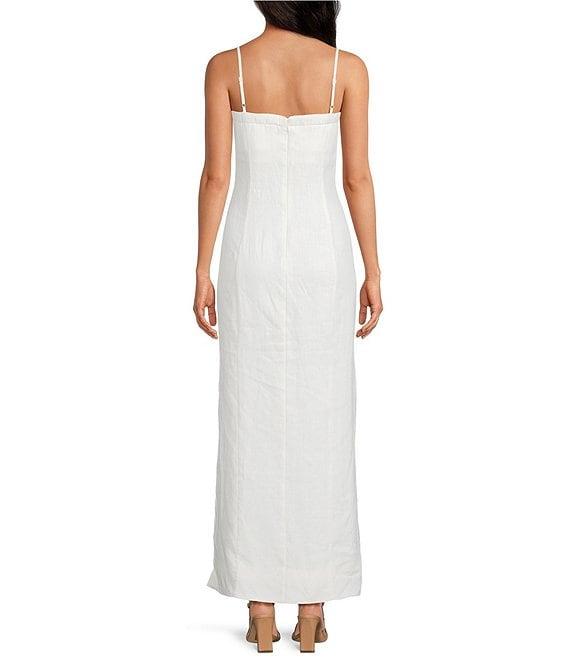 Le' AL.X Linen Embroidered Square Neck Sleeveless Spaghetti Strap Column Side Slit Maxi Dress Product Image