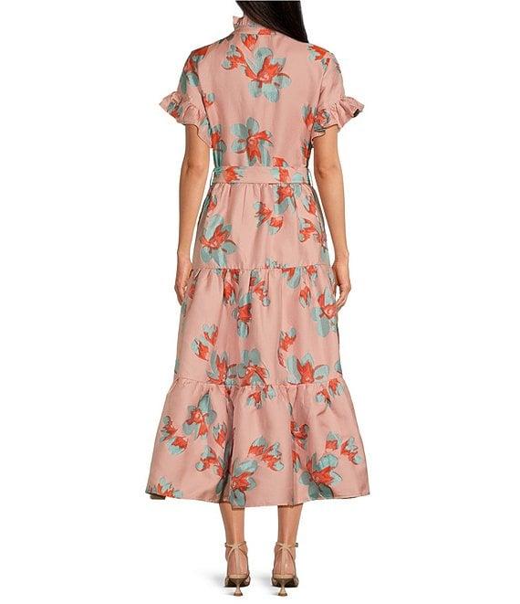 Abbey Glass Sadie Ruffle Short Sleeve Tie Waist Tiered Pocketed Midi Dress Product Image