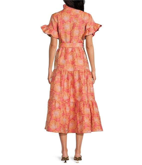 Abbey Glass Floral Print Sadie Ruffle Short Sleeve Tie Waist Tiered Pocketed Midi Dress Product Image