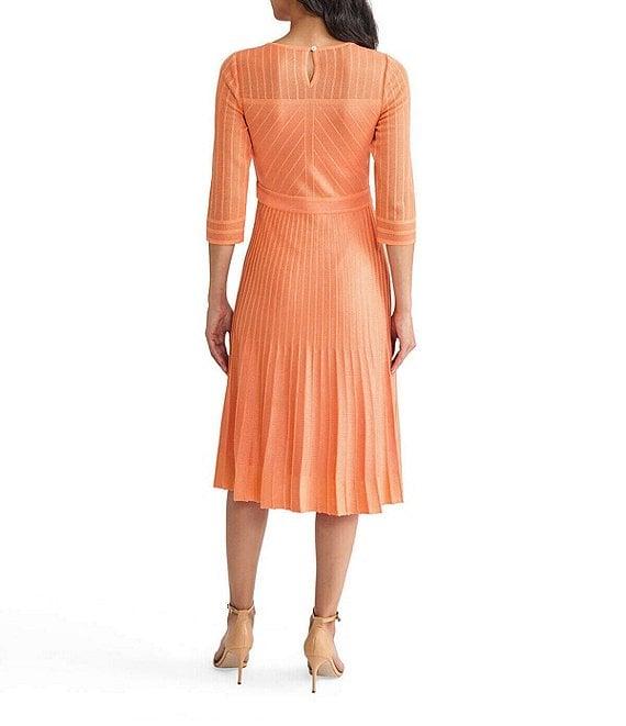 MISOOK Pleated Geometric Knit Round Neck Elbow Sleeve Fit-And-Flare Midi Dress Product Image