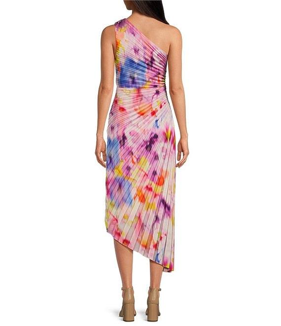 Belle by Badgley Mischka Kelsey Asymmetrical One-Shoulder Pleated A-Line Midi Dress Product Image