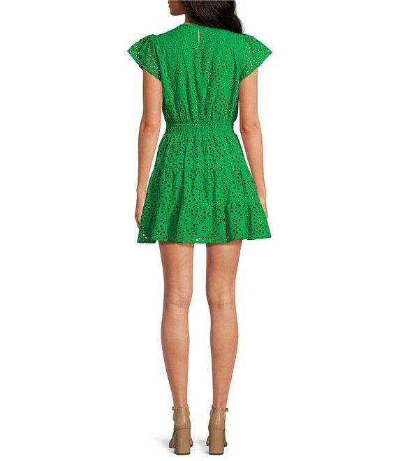 Layered With Love Eyelet Embroidered V Neck Short Flutter Sleeve Tiered A-Line Mini Dress Product Image
