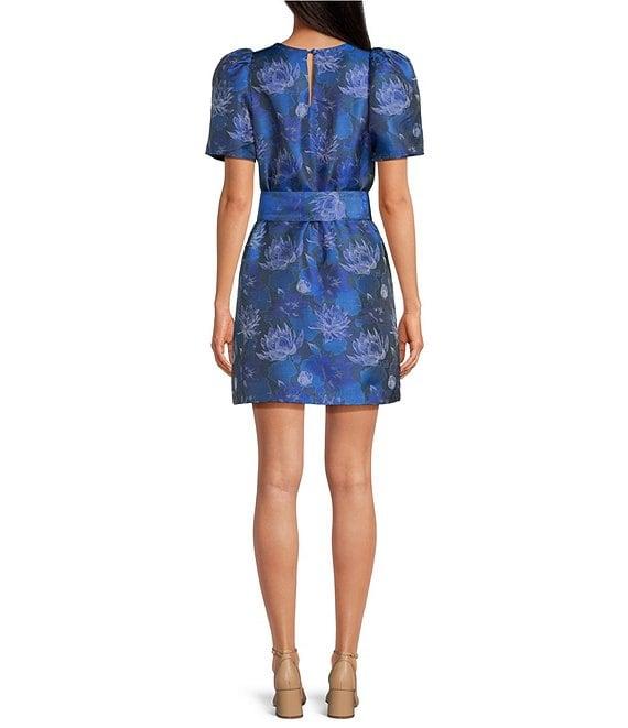 Abbey Glass Marty Floral Print Jacquard Round Neck Short Sleeve Shift Mini Dress Product Image
