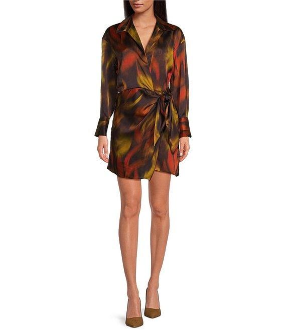Gianni Bini Avery Border Blur Satin Point Collar V-Neck Long Sleeve Tie Side Wrap Mini Dress Product Image