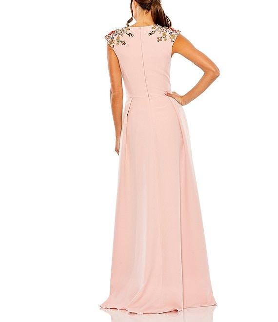Mac Duggal Beaded Shoulder Deep V-Neck Cap Sleeve Thigh High Slit A-Line Gown Product Image