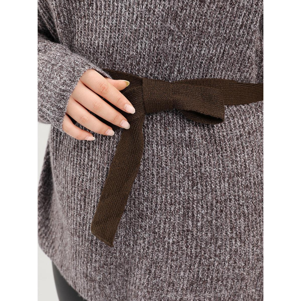 Plus Size Solid Pointelle Knit Mock Neck Belted Heather Knit Top Brown Women Casual Long Sleeve Mock Neck Dailywear Pullovers BloomChic 28/5X Product Image