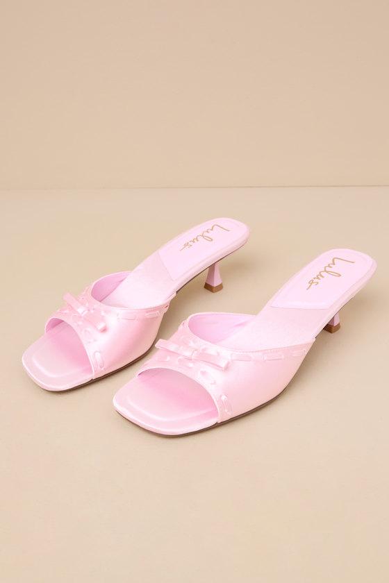 Gennie Pink Satin Bow Kitten Heel Slide Sandals Product Image
